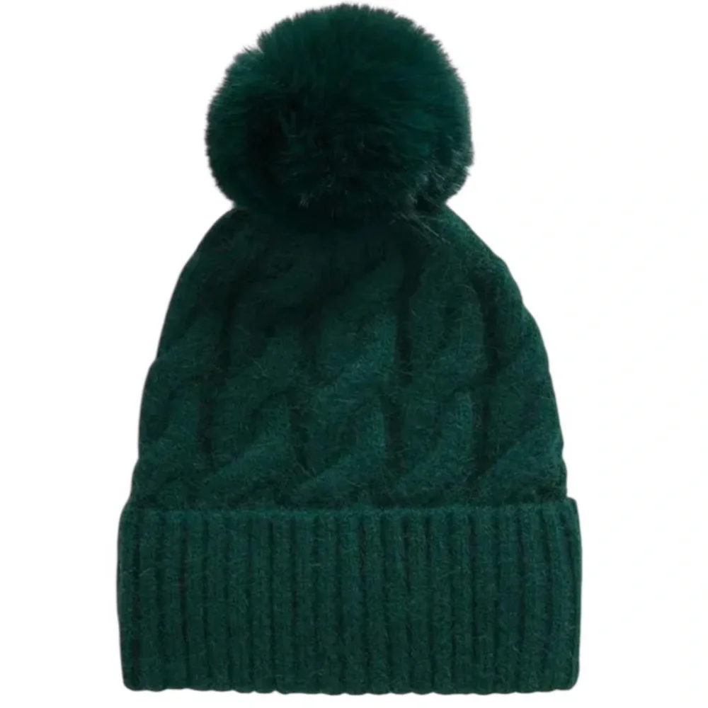 Tasha Twisted Faux Fur PomPom Beanie w Full Soft Fleece Lining Green Brand New!